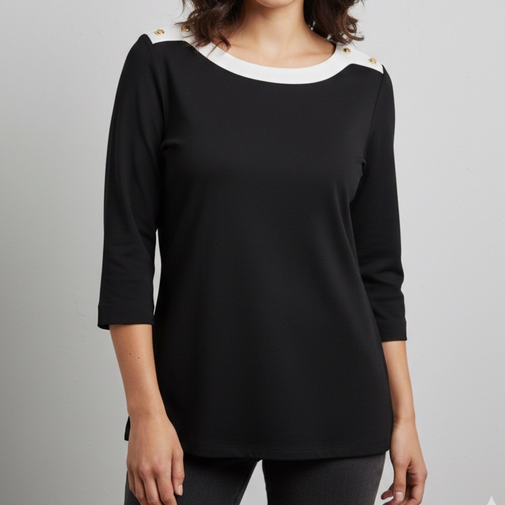 Anne Klein Black and‎ White Blouse with Gold Accents